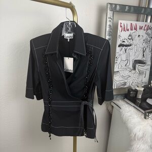 GANNI NWT Black Contrast Stitch Beaded Wrap Top Blouse Size 38